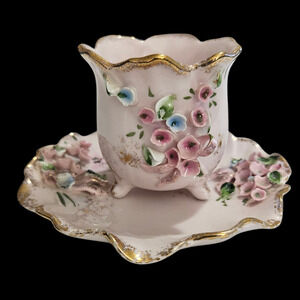 Vintage Norcrest Fine China Pink Floral Footed Cup & Saucer Set D323 Gold Trim